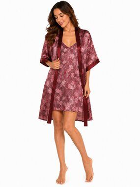 Contessa Di Roma Vintage Burgundy Floral Satin Robe & Nightgown Set